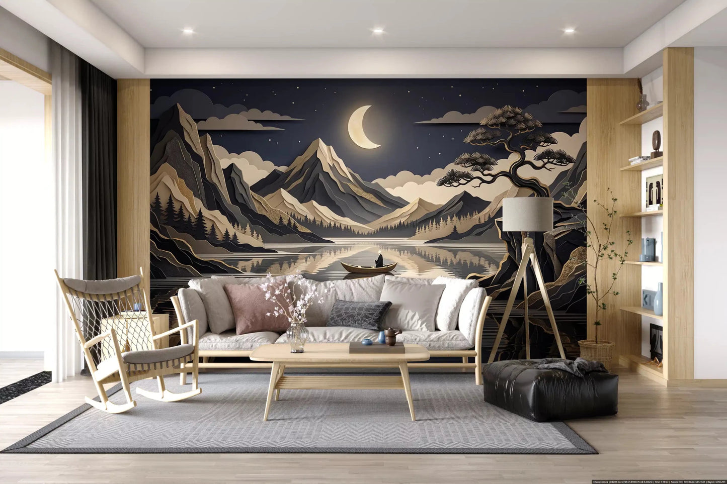 Night landscape wall mural with golden moon and mountain view