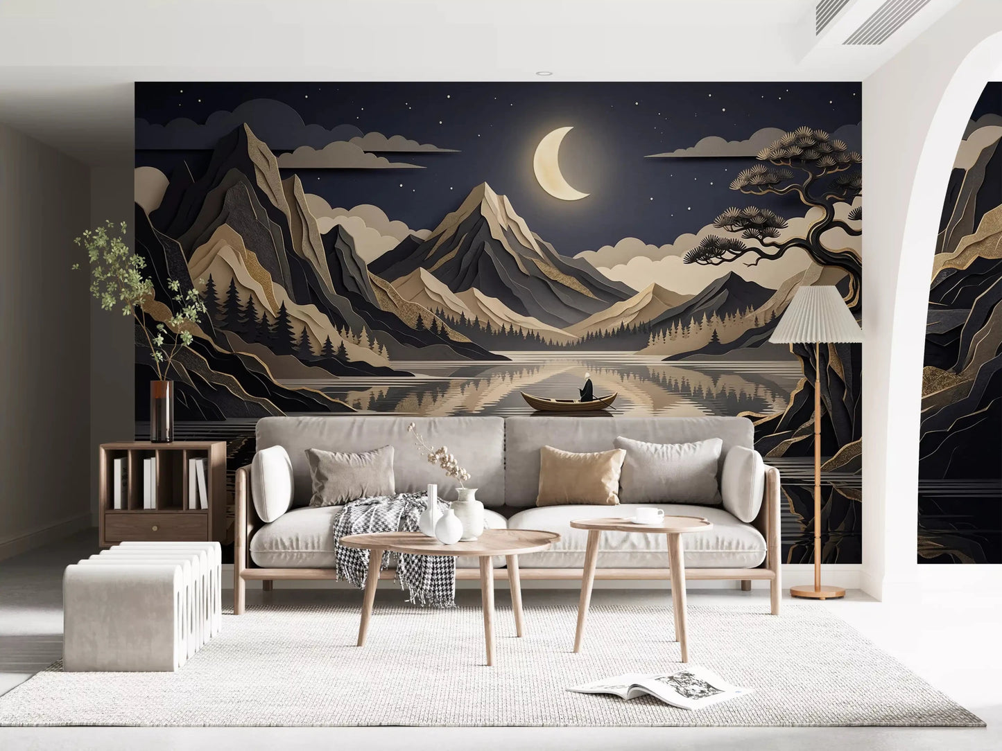 Golden Moon Over Layered Peaks wall mural with lake reflection