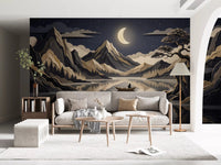 Golden Moon Over Layered Peaks wall mural with lake reflection