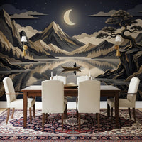 Scenic night wall mural with peaks, lake, and crescent moon