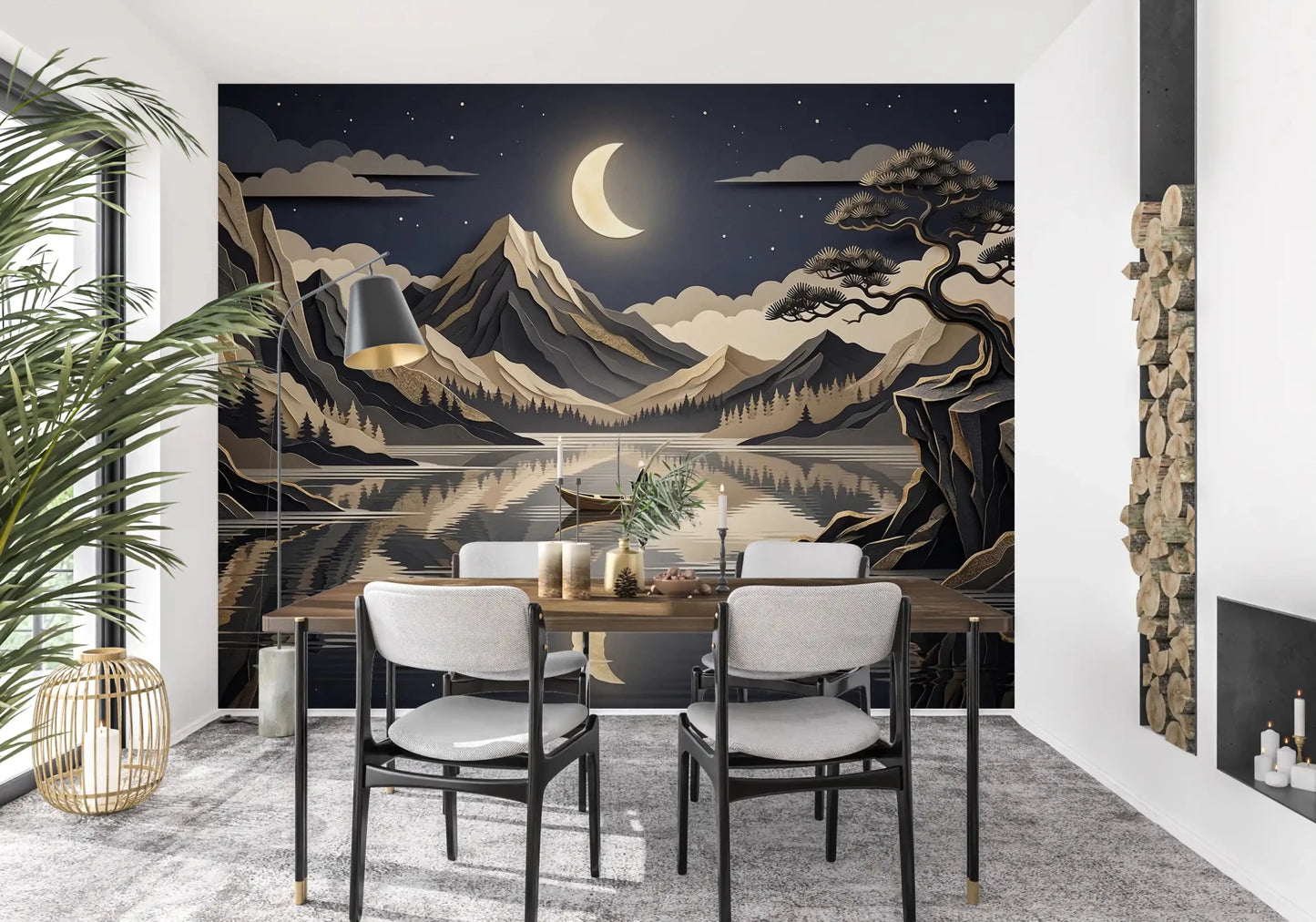 Dining room moon landscape wall mural with lake and mountain layers