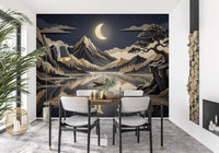 Dining room moon landscape wall mural with lake and mountain layers