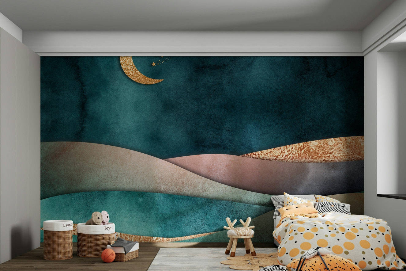 Wall mural with golden moon hues.

