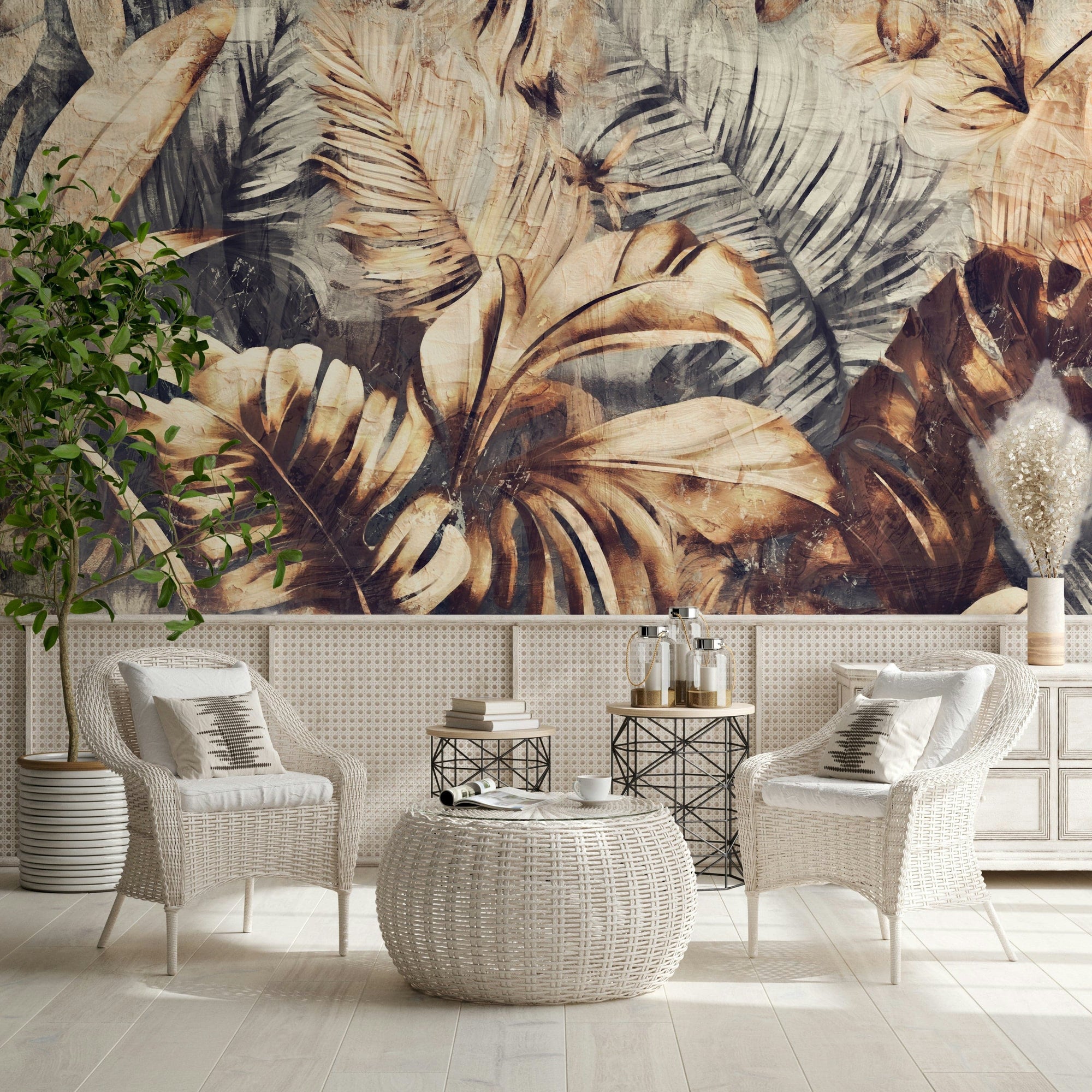 Golden Palm Texture wallpaper mural of gold and grey leaves on a dark ground behind white wicker chairs in a bright sunroom