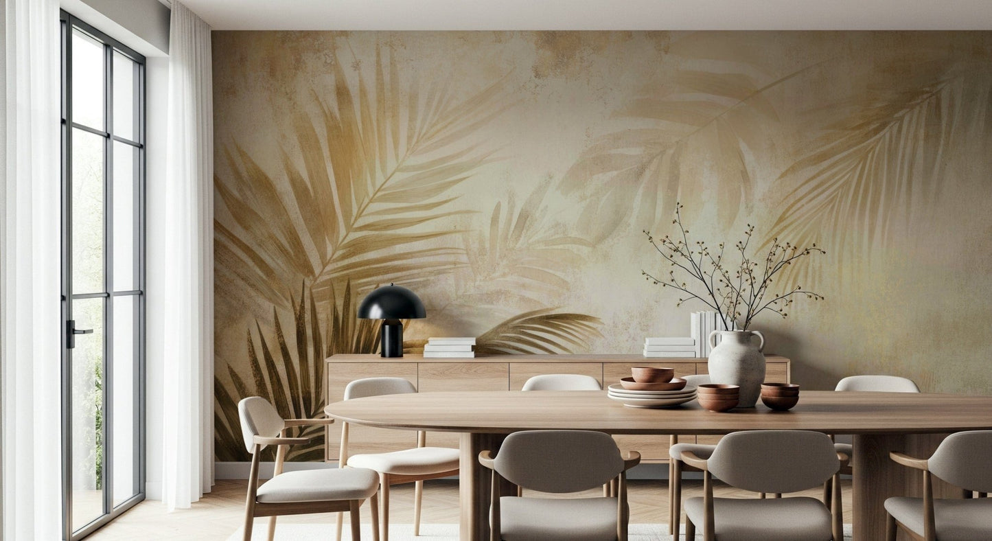 A warm-toned wallpaper with layered palm leaves painted in subtle golden gradients.