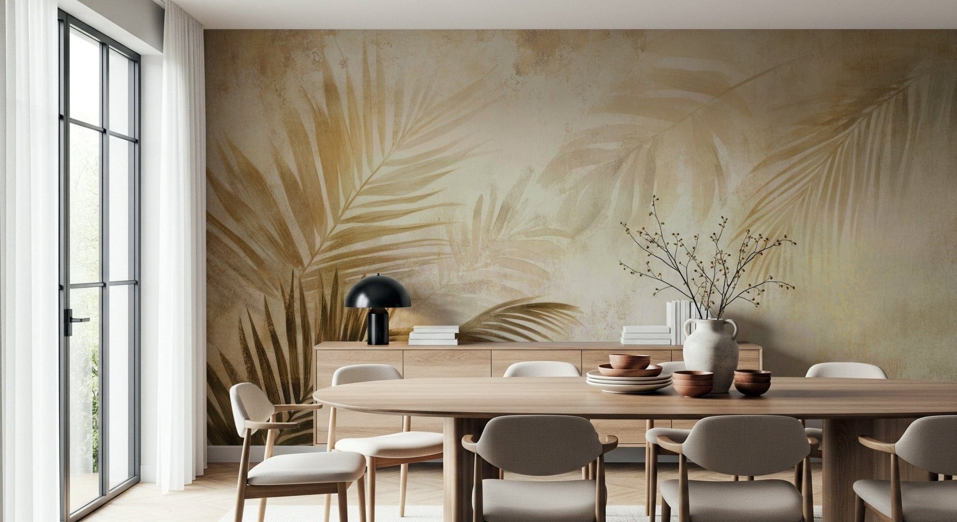 A warm-toned wallpaper with layered palm leaves painted in subtle golden gradients.