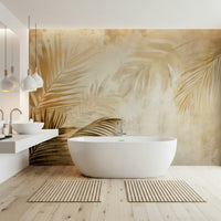 A golden palms wallpaper featuring softly painted tropical leaves on a warm textured backdrop.