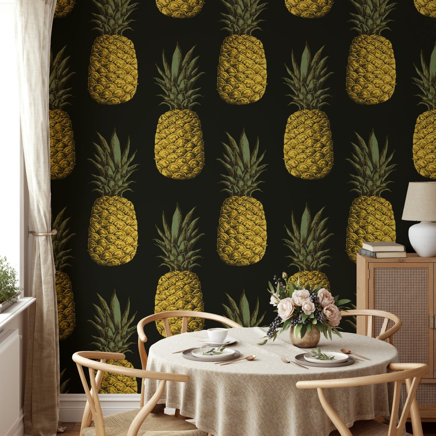 Bright golden pineapple print wallpaper for walls

