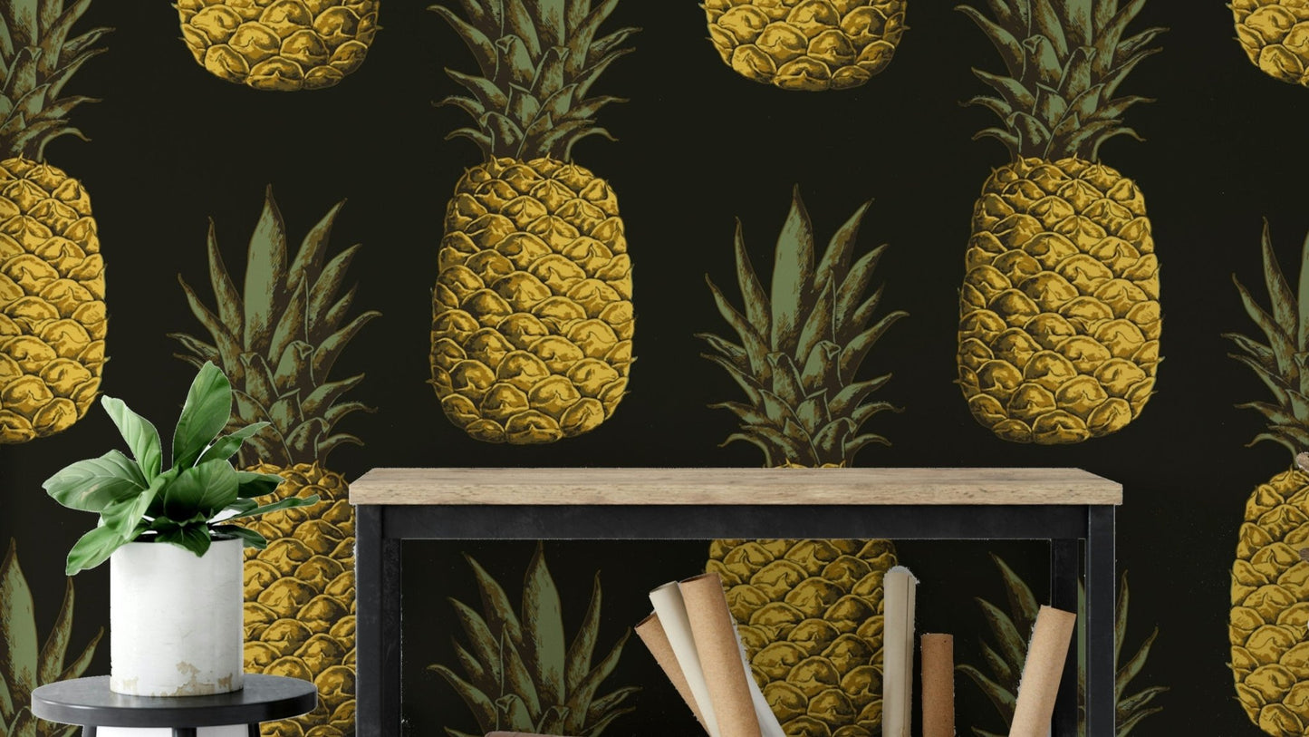 Golden pineapples wallpaper with tropical pattern


