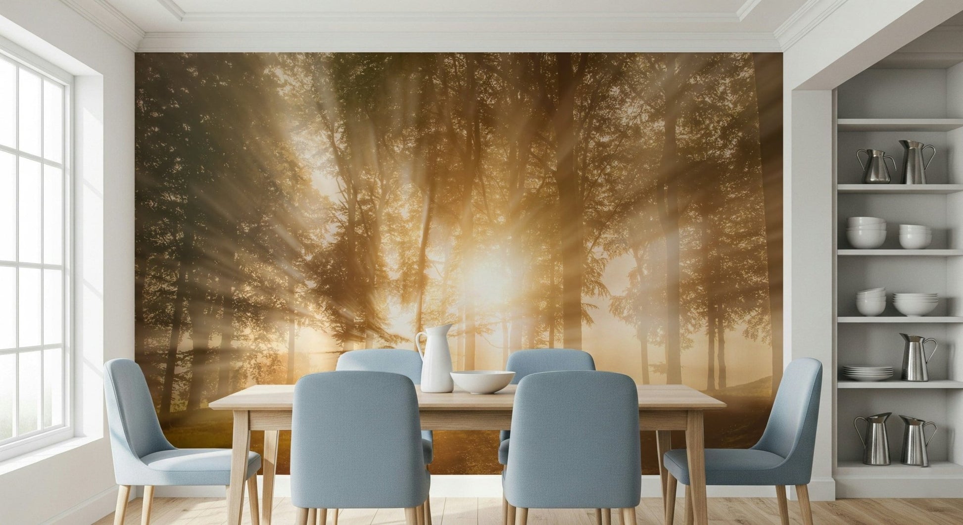 Golden Rays Through Trees forest sunlight photo wall mural.