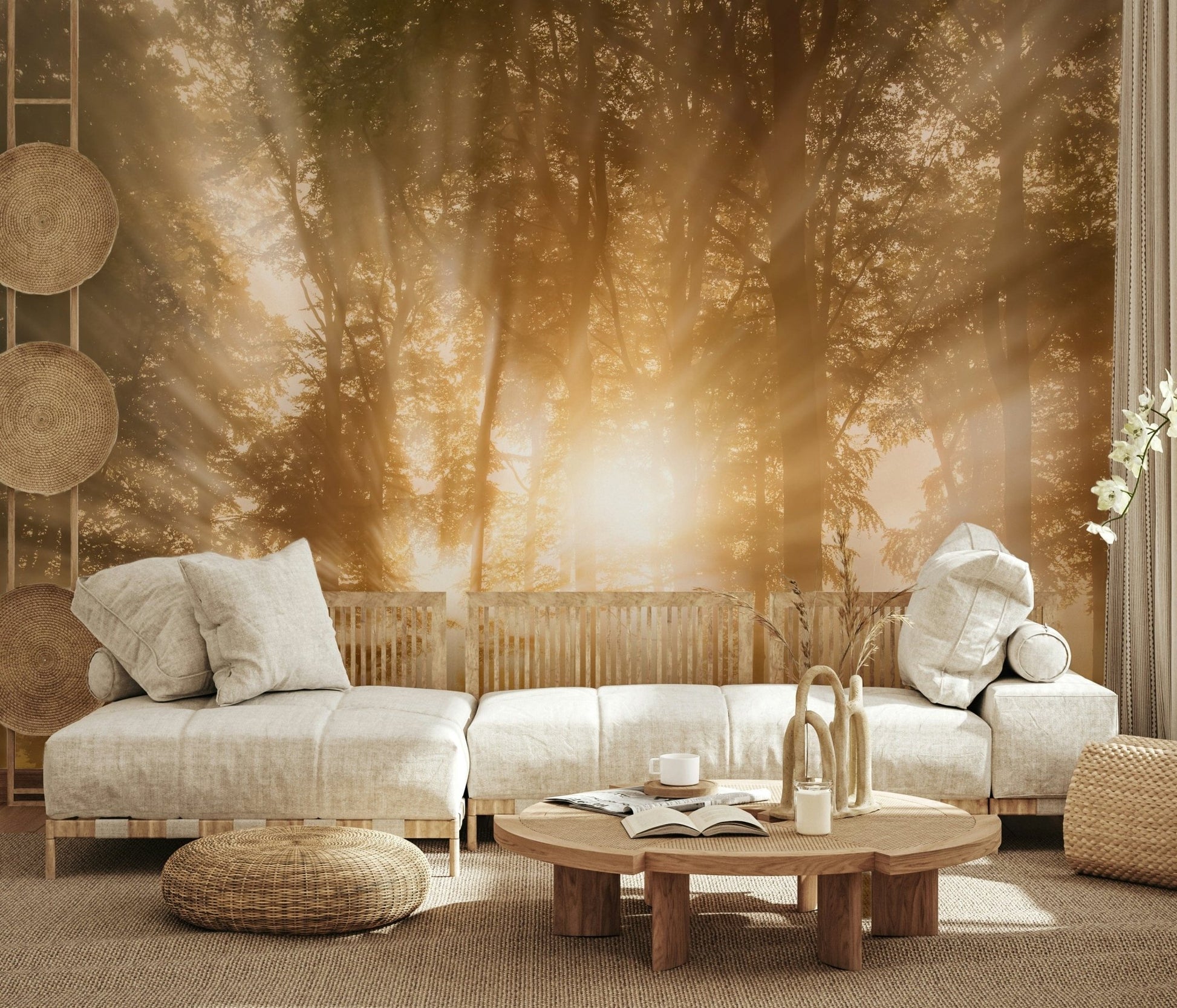Sunbeams striking tranquil woodland Golden Rays Through Trees wall art.