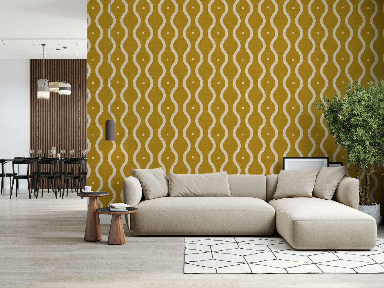 Groovy Golden Waves wallpaper, flowing pattern, vibrant yellow design.
