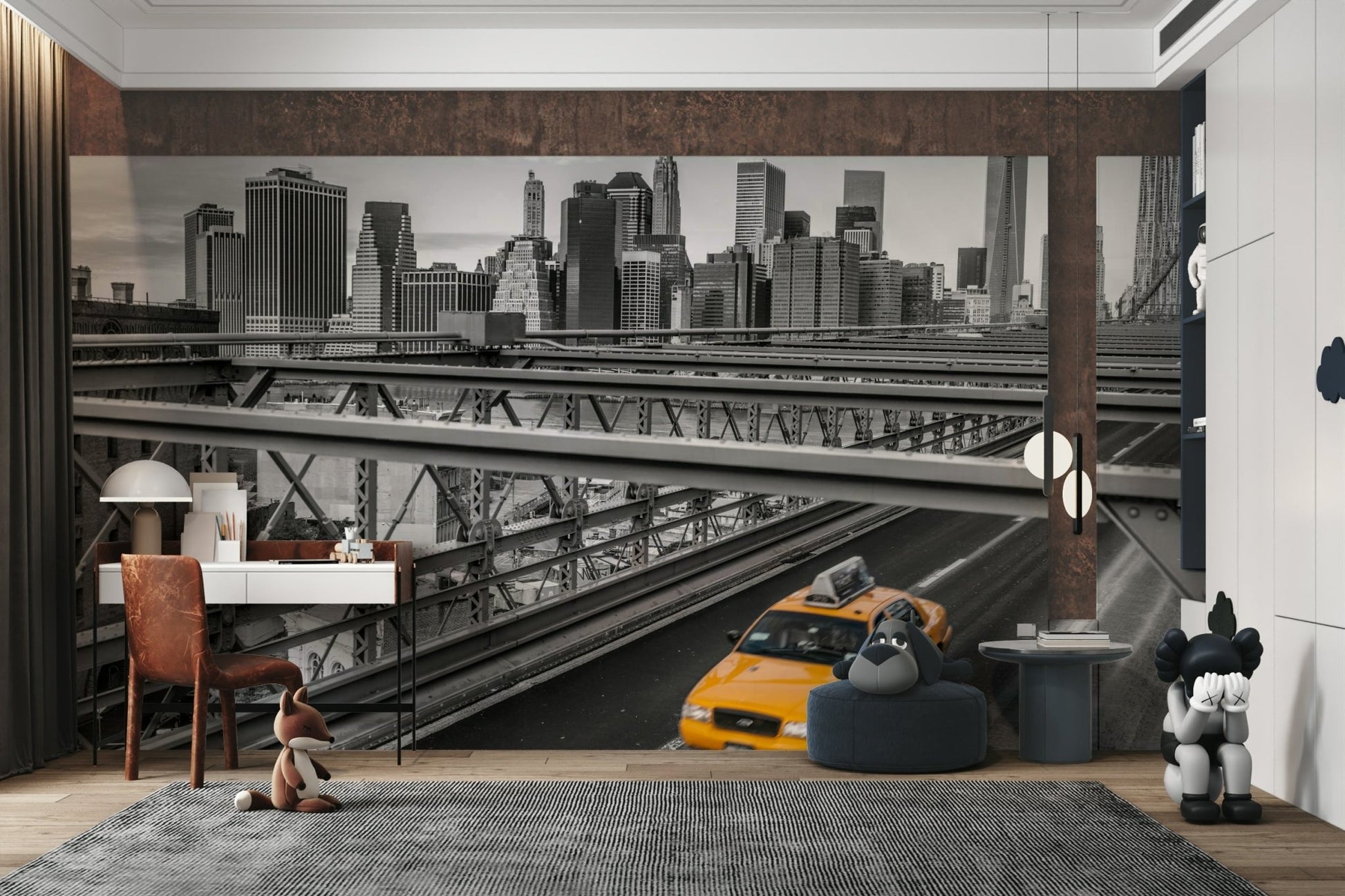 Golden Ride New York in Monochrome Wall Mural featuring iconic yellow taxis


