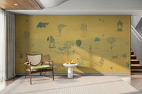 A peaceful wall mural with a wide, golden savannah landscape.

