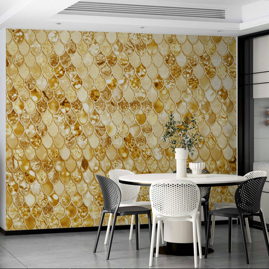Wall mural with a gilded scales pattern.

