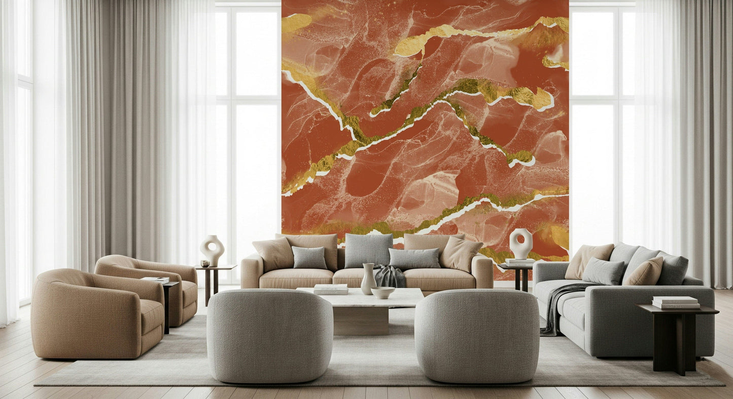 Golden Veined Burnt Sienna Marble Wallpaper – Elegant wall design with natural marble textures in rich sienna and gold.