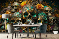 Close-up of gothic skulls and colorful flowers on wall mural

