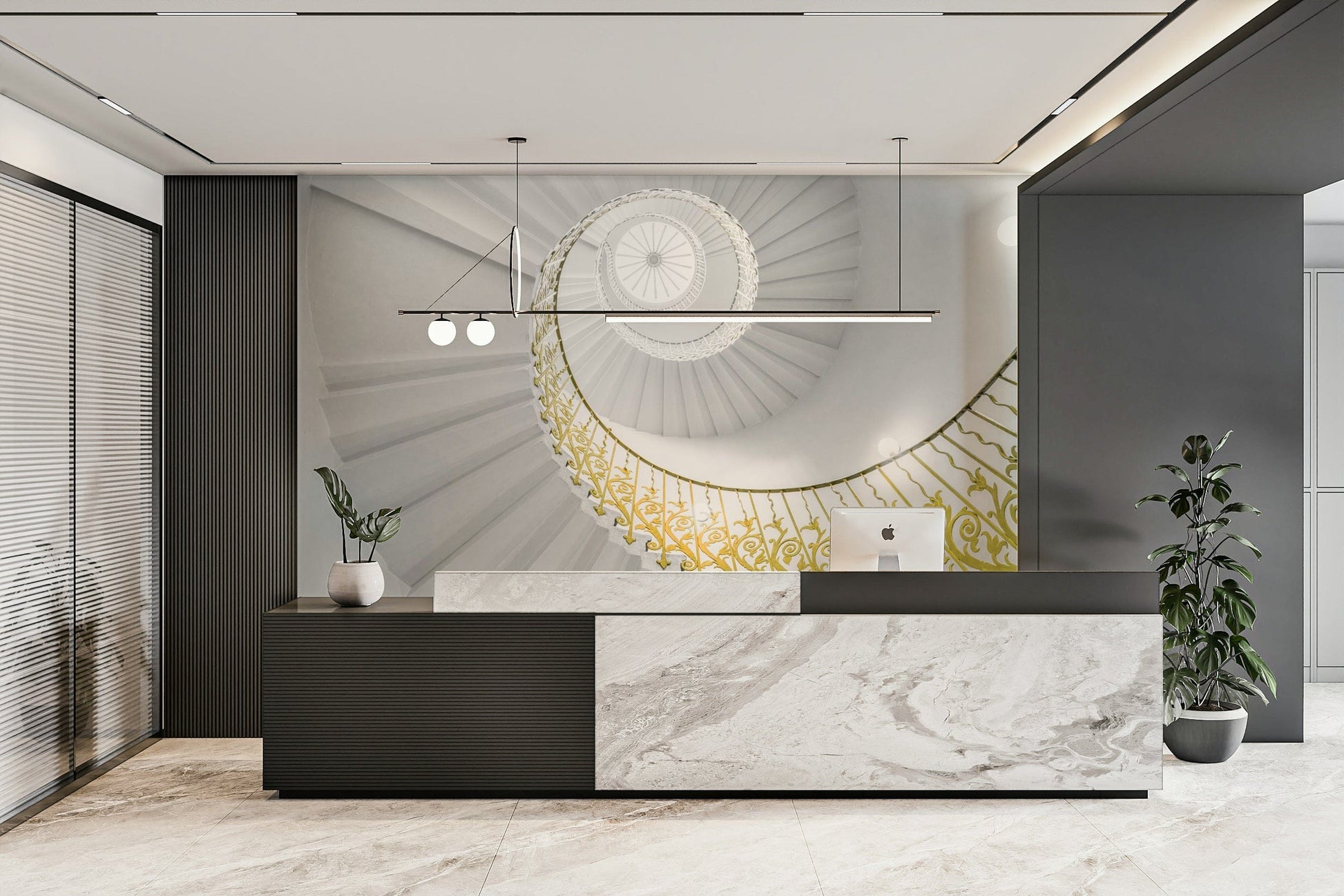 A detail of the architectural lines and tones in the design.

