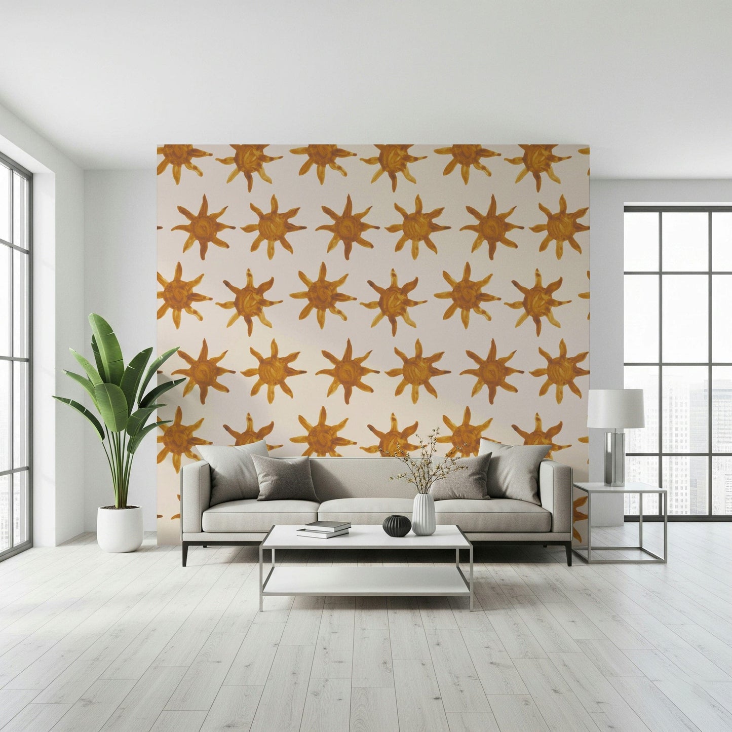Sunny-toned brushstroke wallpaper adding a cheerful, artistic touch.