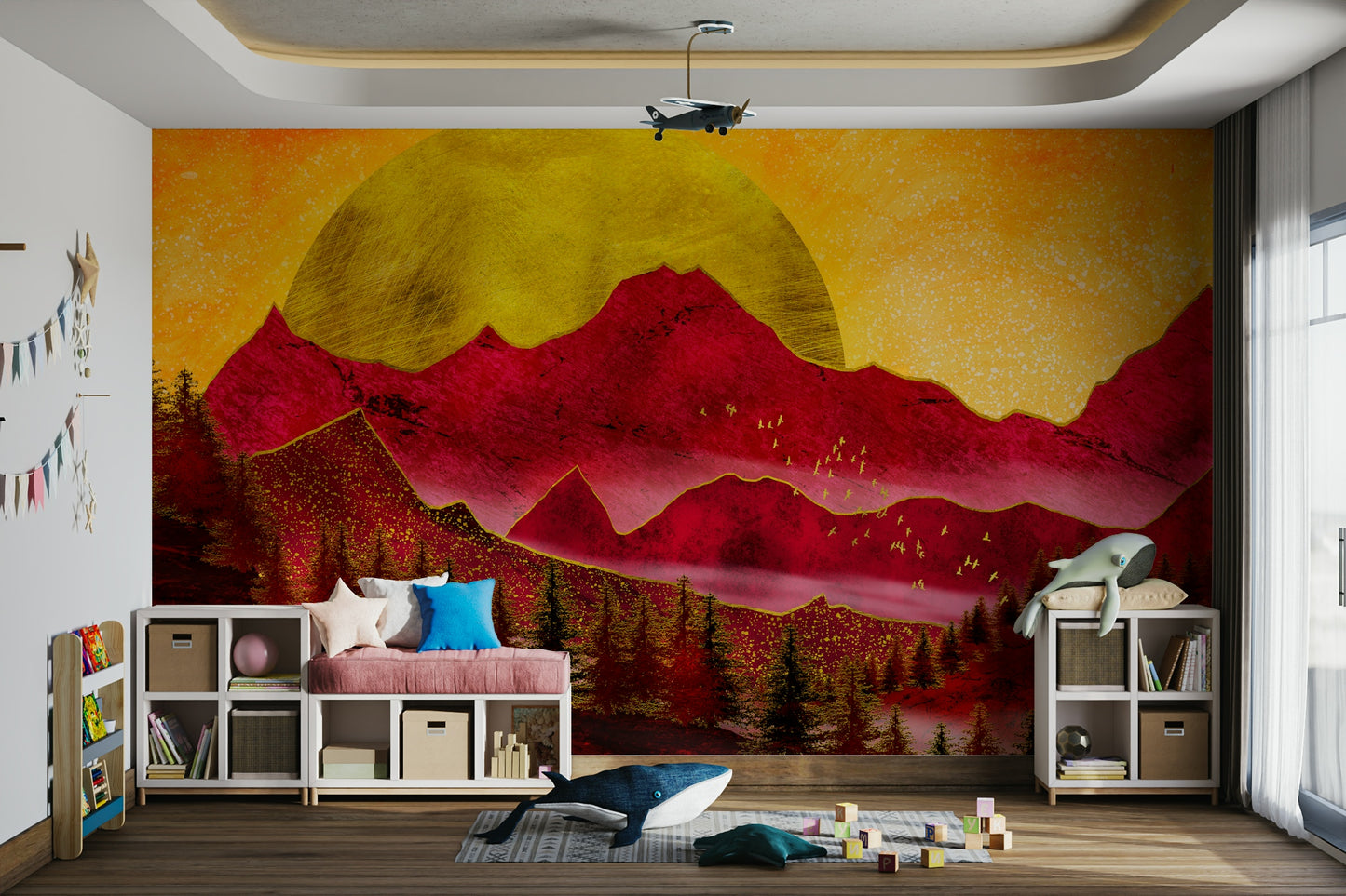 Mountain wallpaper design featuring sunlit crimson hills and golden sky

