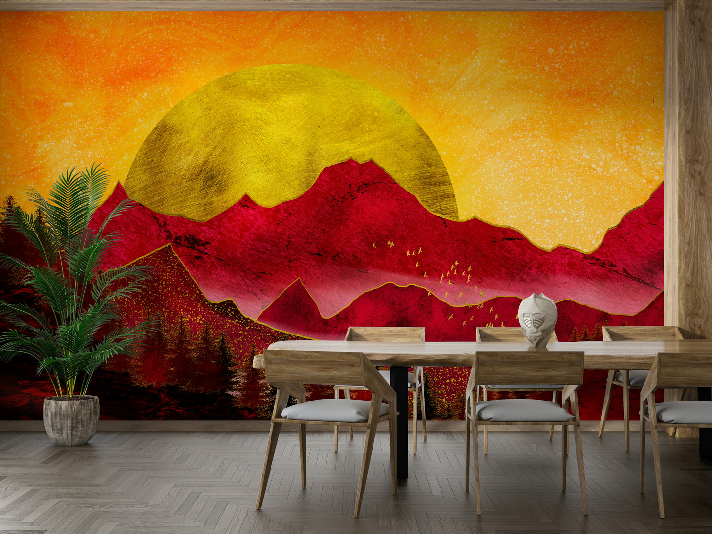 Artistic mountain wallpaper with golden sun casting light on red terrain

