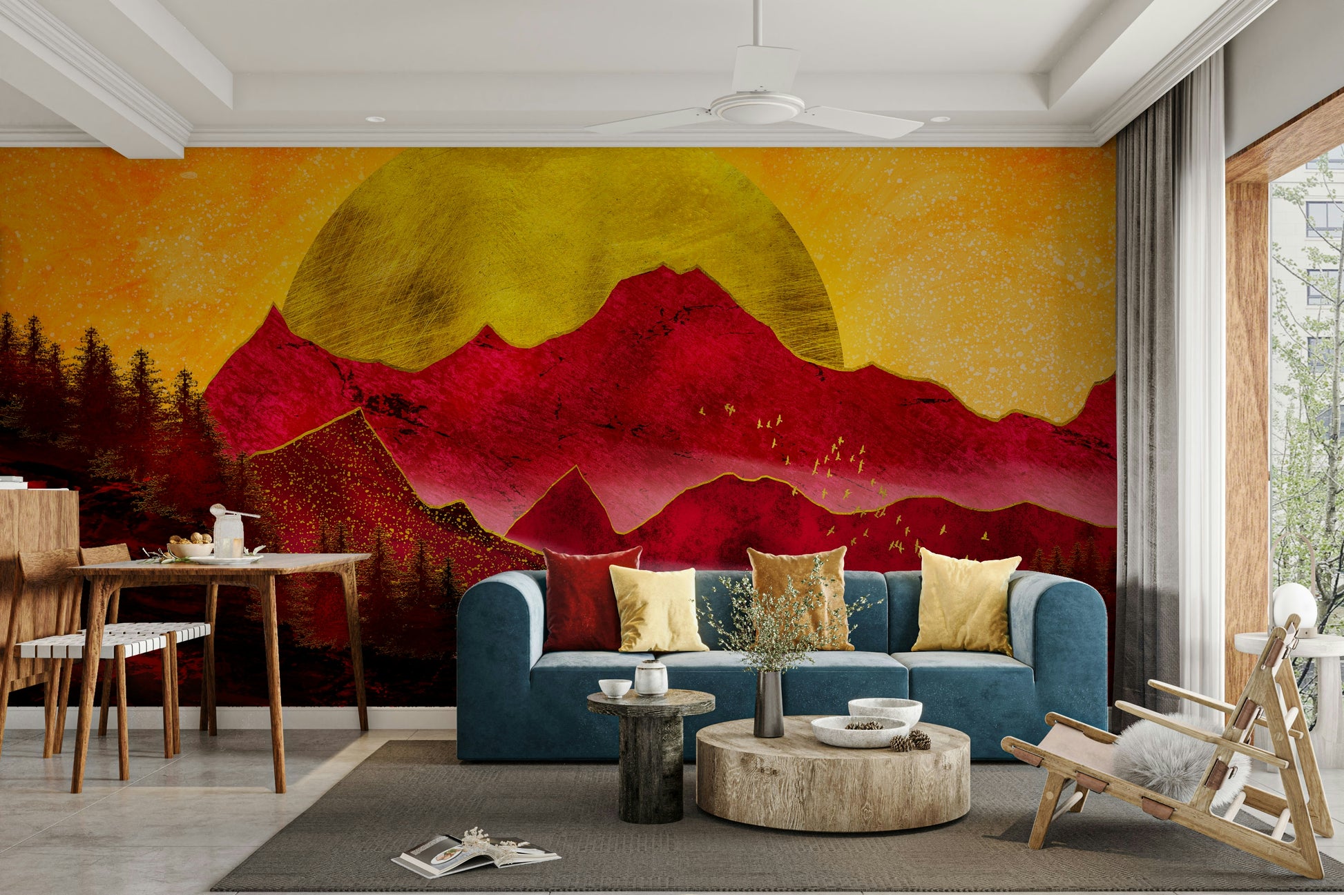 Warm and bold mountain wallpaper showcasing a golden sunset over peaks

