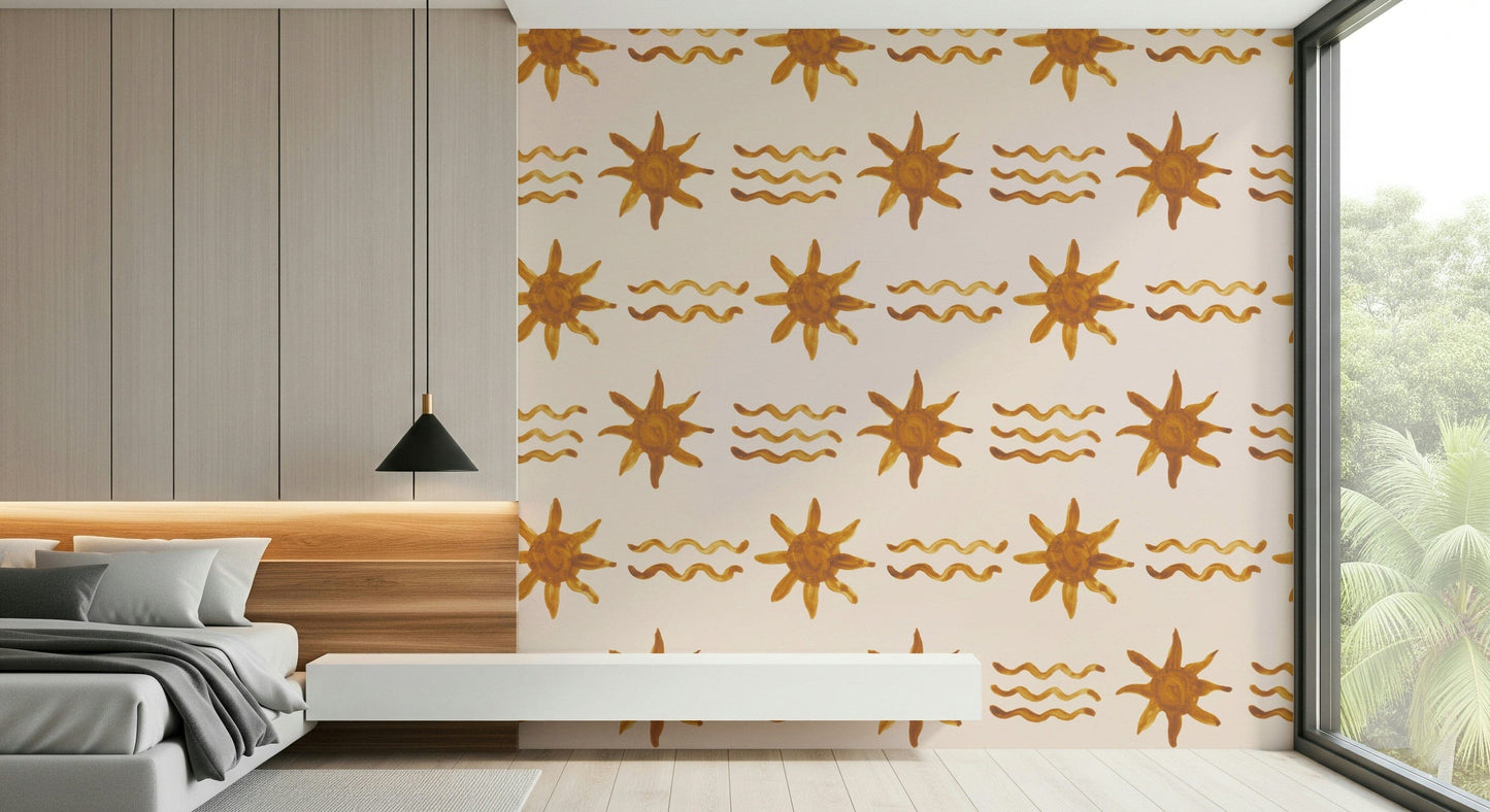 Warm golden waves wallpaper with a minimalist, glowing sun element.