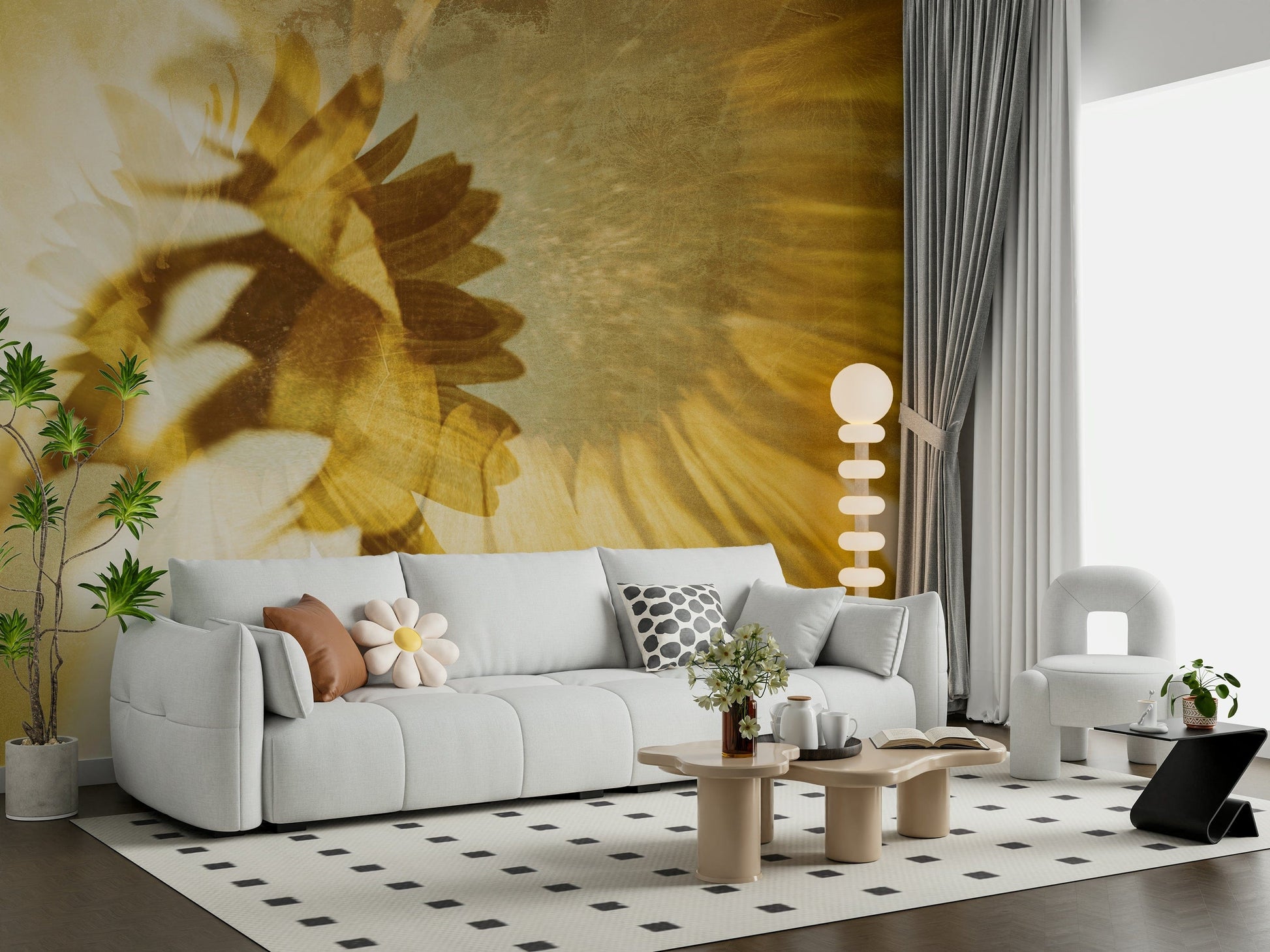 A beautiful modern art wall mural of yellow flowers.

