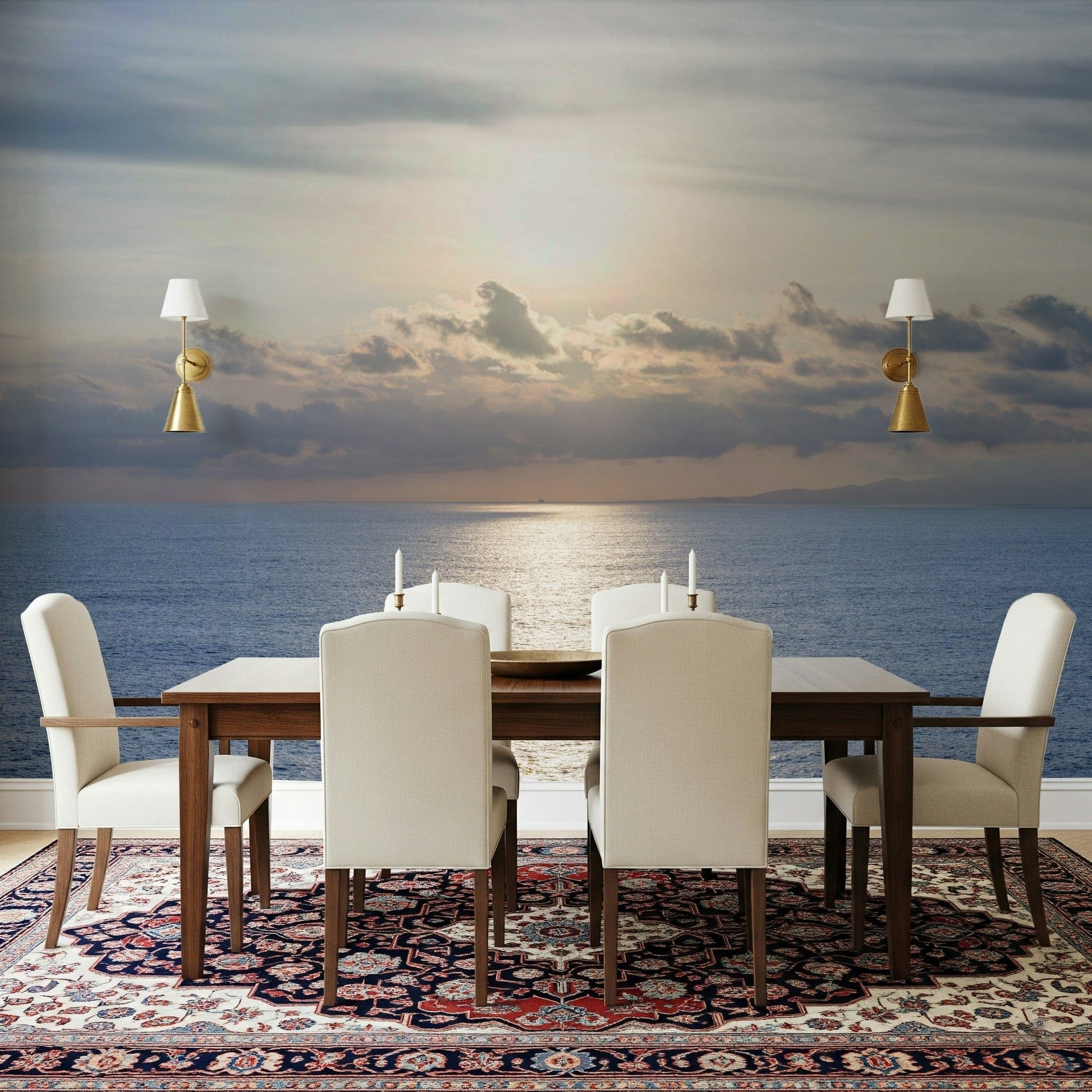 Modern home office backdrop mural with golden sea horizon, clean wall decor