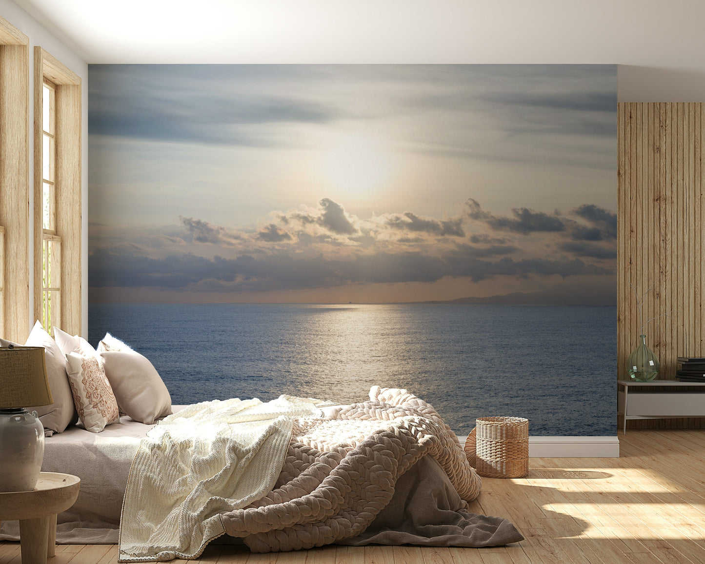 Guest room accent wall mural with golden ocean view, soft lighting and modern style