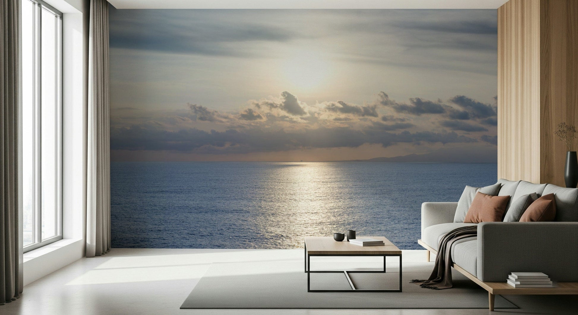 Dining room feature wall mural with ocean glow, neutral furniture and warm color