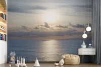 Hallway wall mural showing golden shoreline light, modern decor and bright space