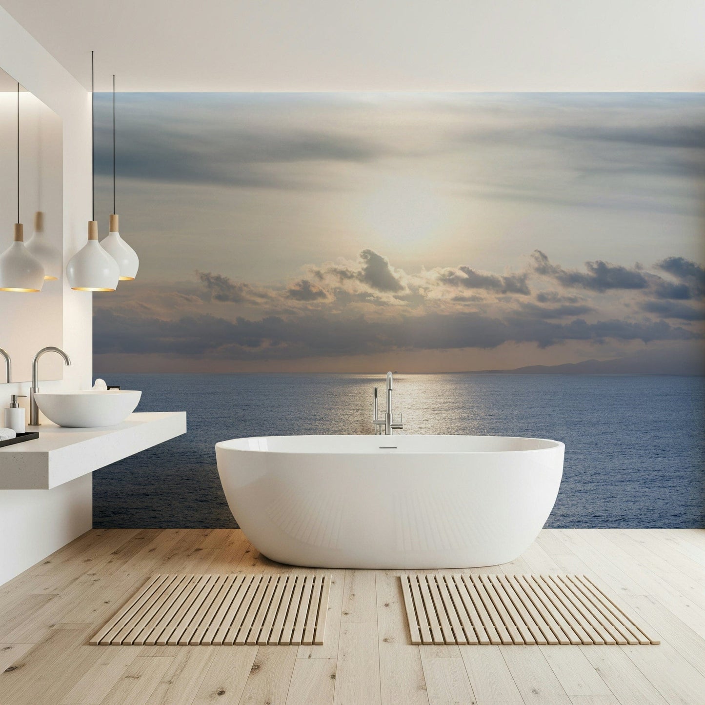 Minimalist lounge with ocean sunset mural, gold tones, modern wall decor
