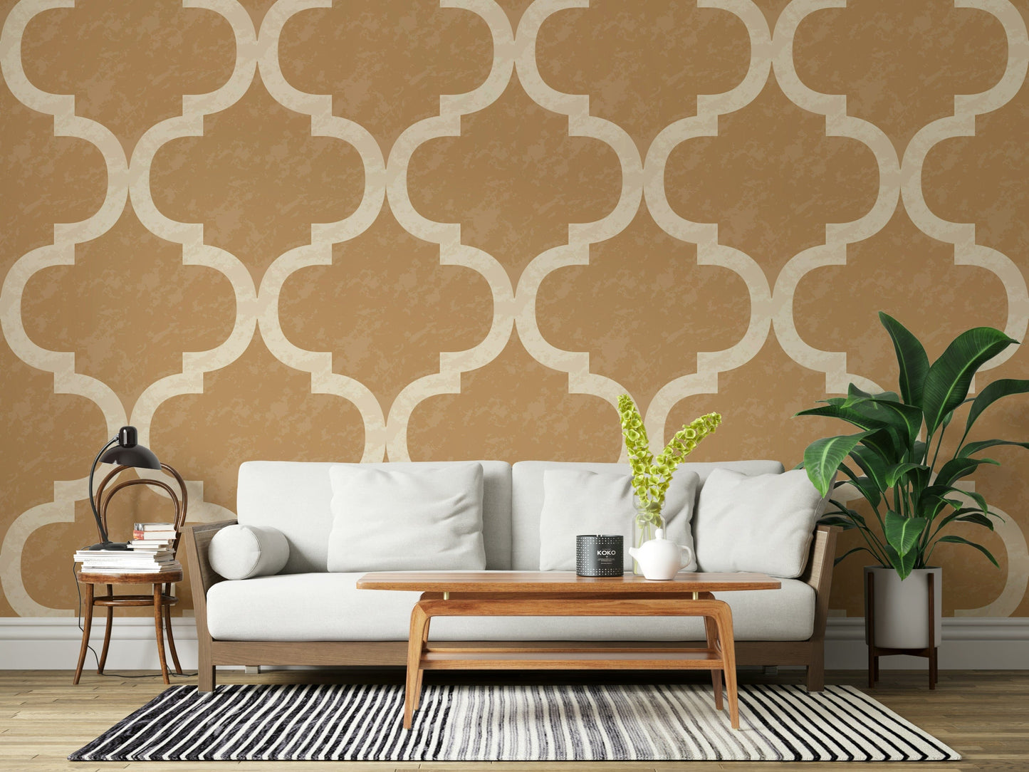 Warm neutral wall covering with ogee geometry