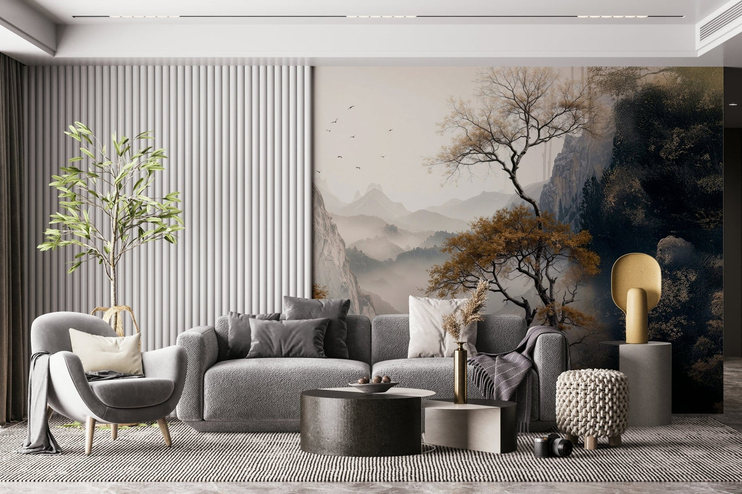 Nature-inspired mural showcasing majestic golden trees in a peaceful, dreamlike landscape.