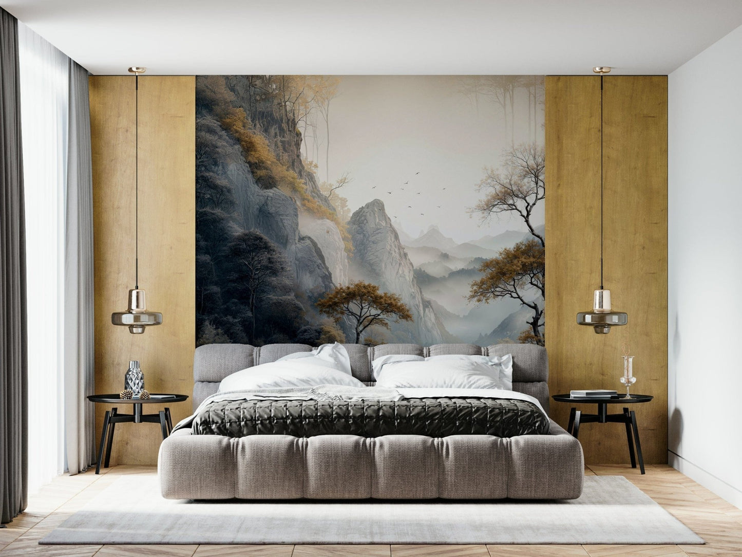 Wall mural depicting golden trees bathed in warm light, perfect for serene and elegant interiors.