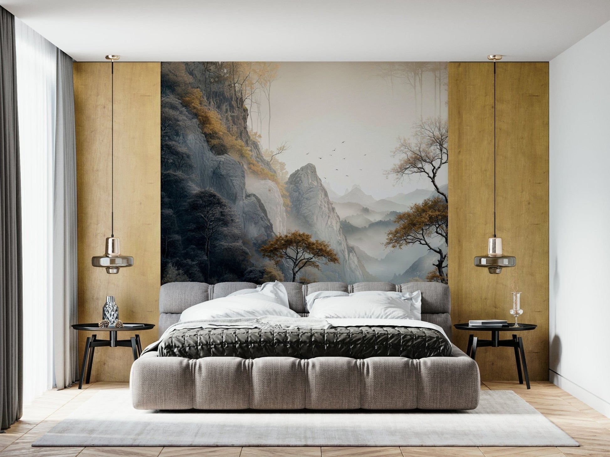 Wall mural depicting golden trees bathed in warm light, perfect for serene and elegant interiors.