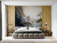Wall mural depicting golden trees bathed in warm light, perfect for serene and elegant interiors.