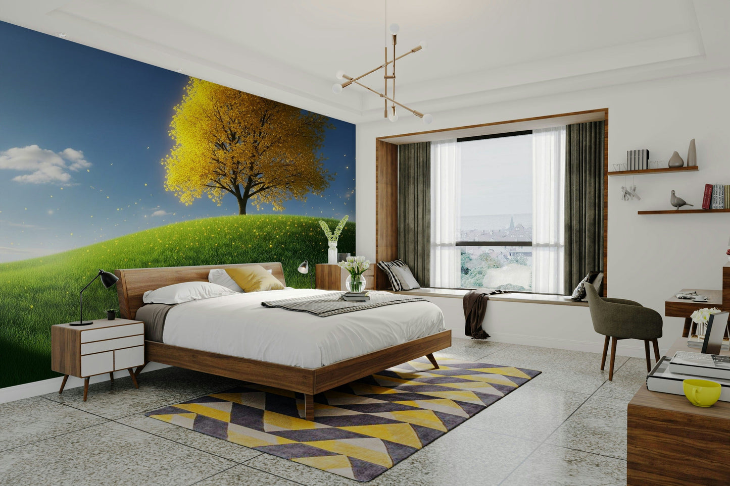 A high-angle view of the wall mural in a large space.