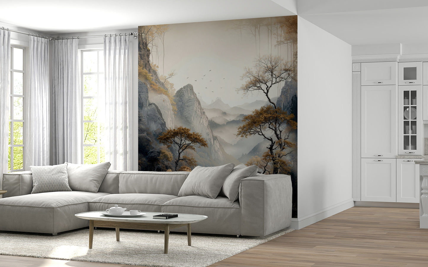 Golden Tree Serenity wall mural featuring radiant golden trees set against a tranquil, misty backdrop.