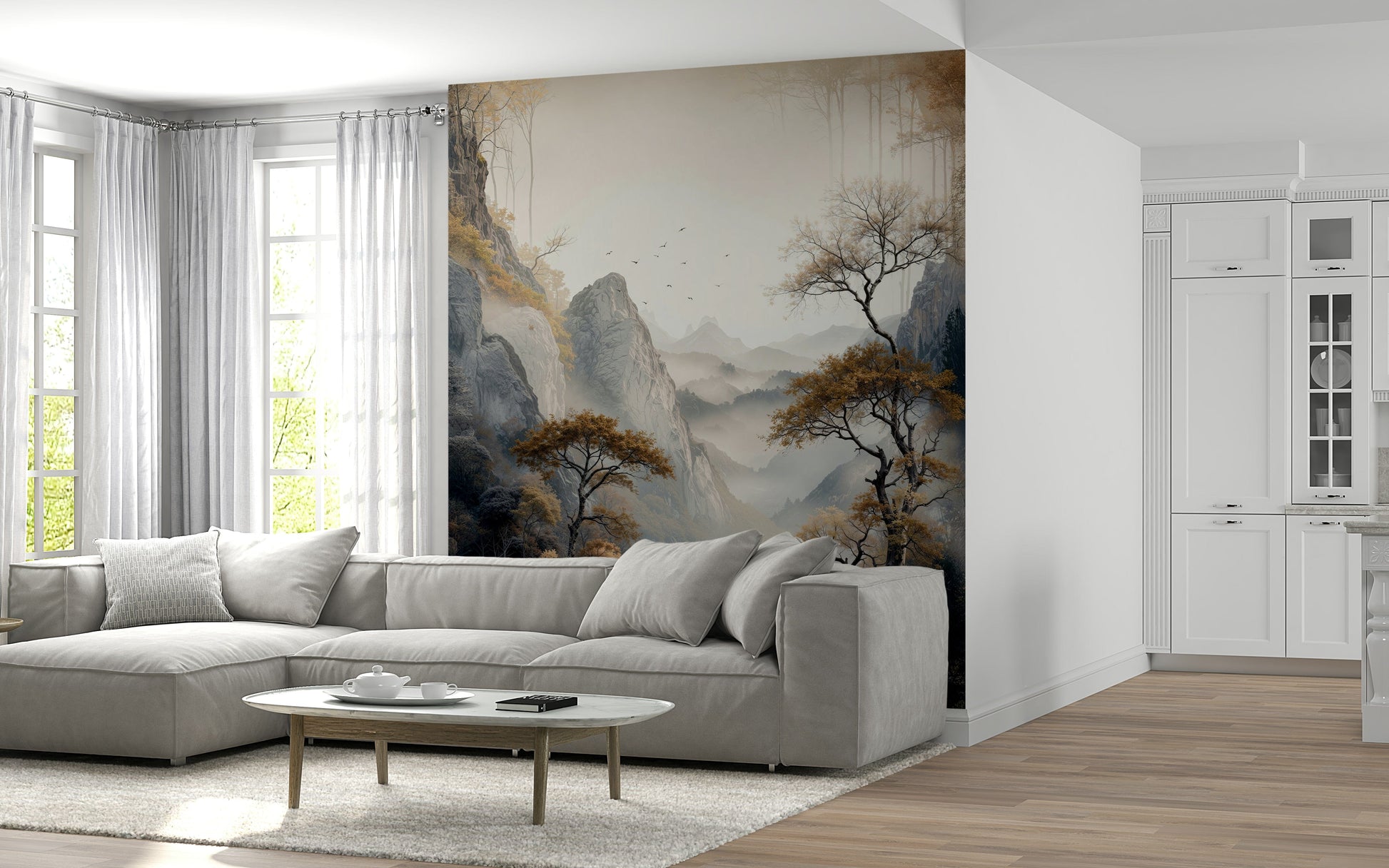 Golden Tree Serenity wall mural featuring radiant golden trees set against a tranquil, misty backdrop.