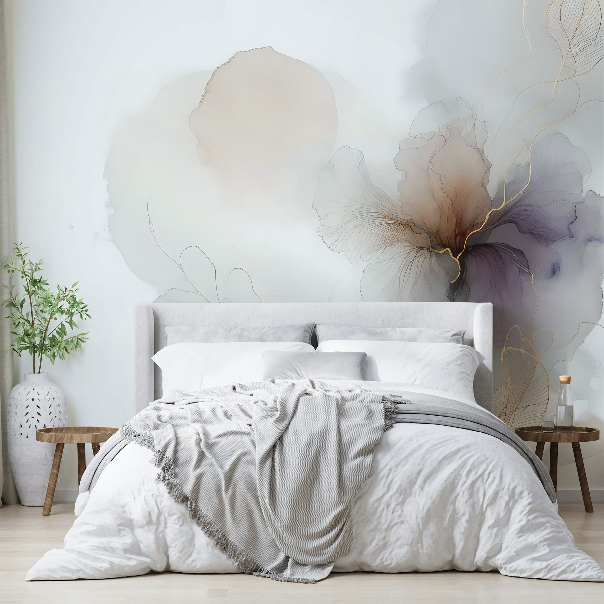 Bedroom headboard feature wall mural, calm botanicals with gold vein color