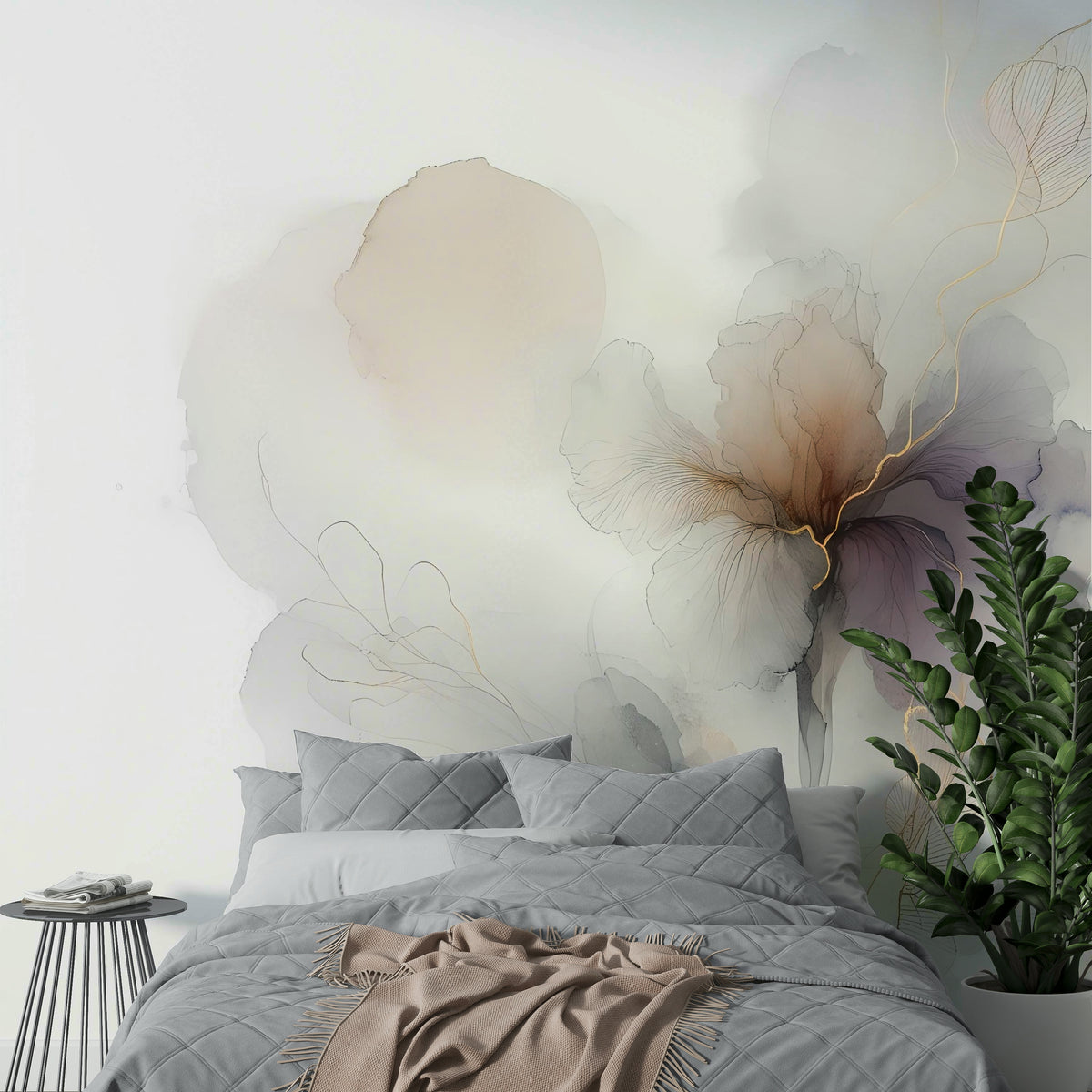 Modern botanica mural in living room feature wall, green and gold vein color