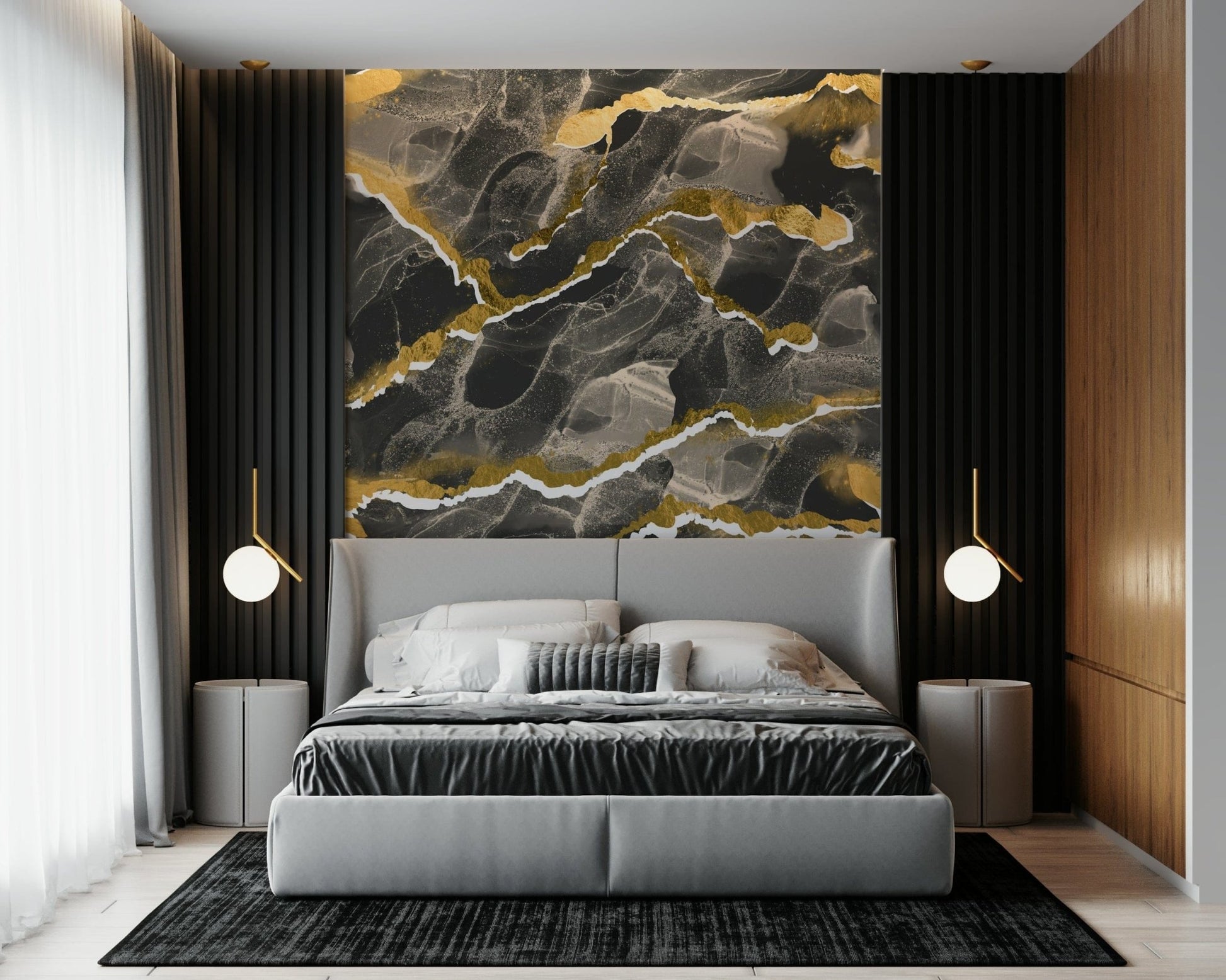 Golden Veined Charcoal Marble Wallpaper – Elegant wall design with natural marble textures in charcoal and gold.