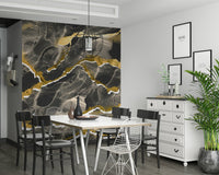 Modern Abstract Luxe Marble Wall Mural – Refined decorative wallpaper combining dark charcoal textures and subtle gold highlights.