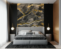 Golden Veined Charcoal Marble Wallpaper – Elegant wall design with natural marble textures in charcoal and gold.