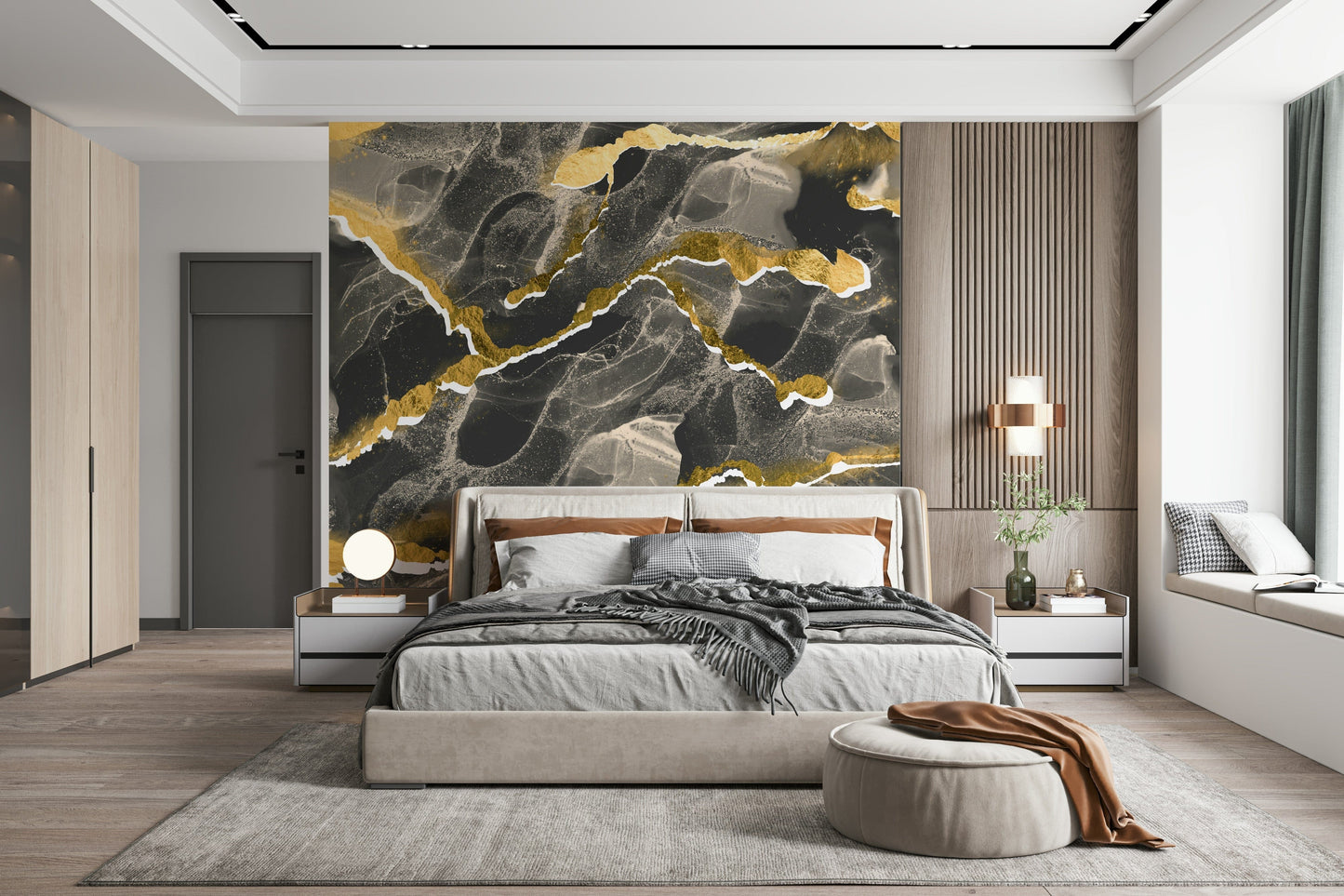Charcoal Marble with Gold Veins Wallpaper – Modern wall mural featuring rich dark marble textures highlighted with metallic gold streaks.