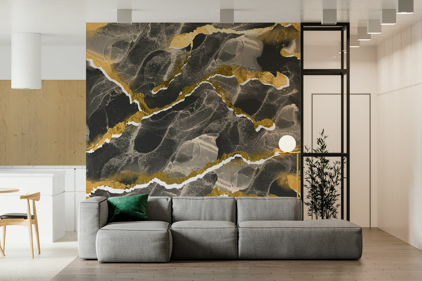 Golden Veins Charcoal Marble - Modern Luxe Abstract Wall Mural