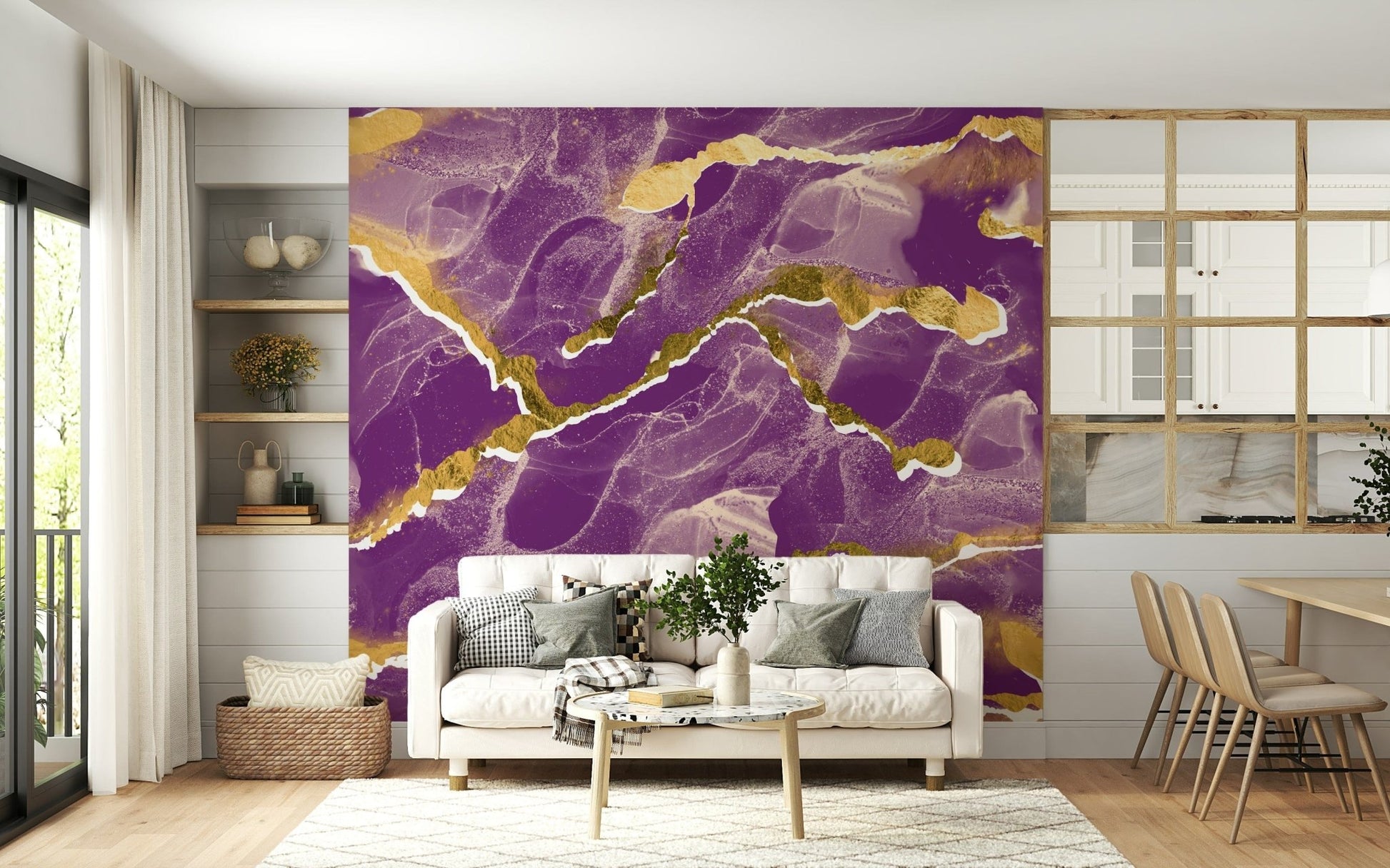Elegant Marble Wallpaper in a deep cosmic violet, highlighted by sophisticated golden veins for a modern interior.