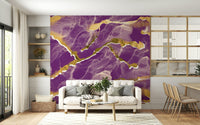 Elegant Marble Wallpaper in a deep cosmic violet, highlighted by sophisticated golden veins for a modern interior.